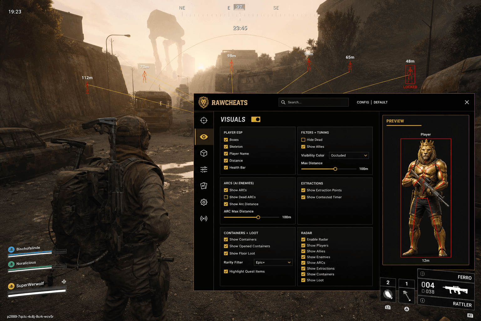 Arc Raiders gameplay with the RawCheats menu open showing ARC enemy ESP and extraction overlay