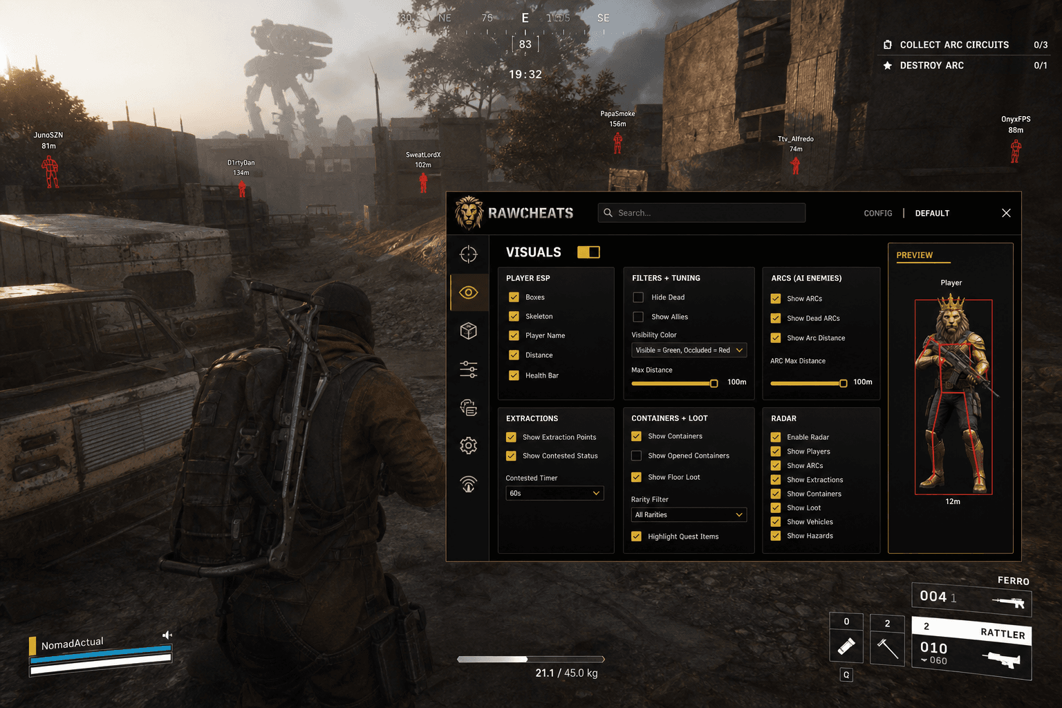 Best ARC Raiders Wallhack in 2026 — What Actually Works — in-game screenshot showing RawCheats overlay