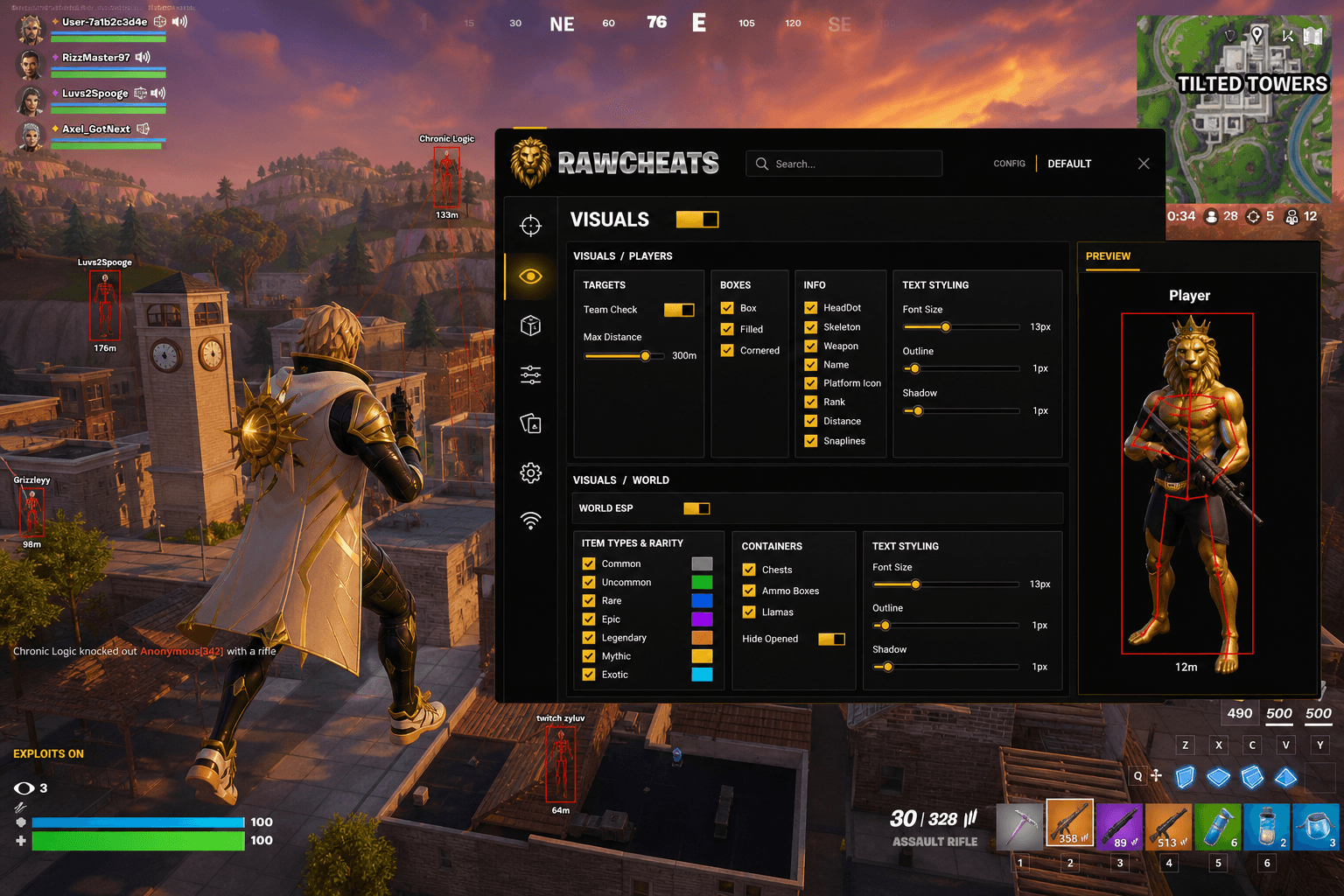 Best Fortnite Exploits in 2026 — What Actually Works — in-game screenshot showing RawCheats overlay