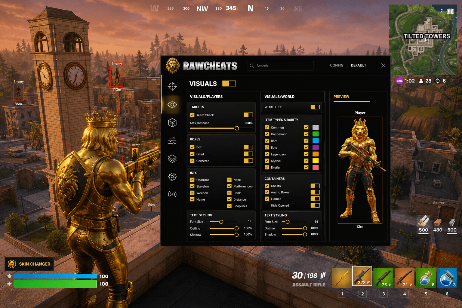 Best Fortnite Skin Changer in 2026 — What Actually Works — in-game screenshot showing RawCheats overlay