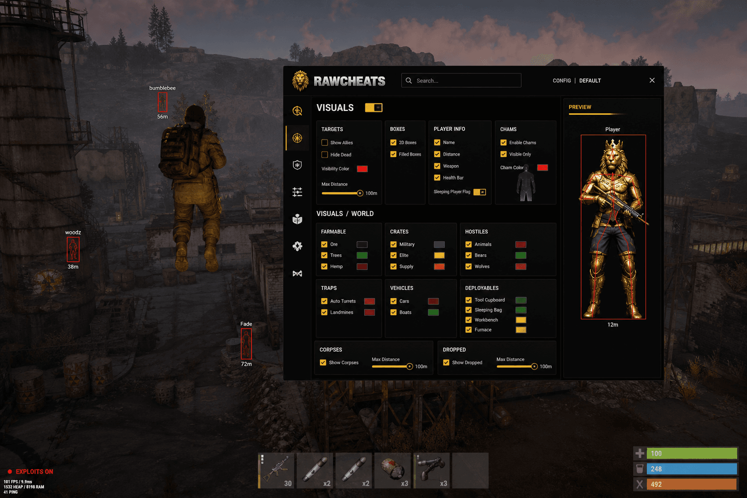 Best Rust Exploits in 2026 — What Actually Works — in-game screenshot showing RawCheats overlay