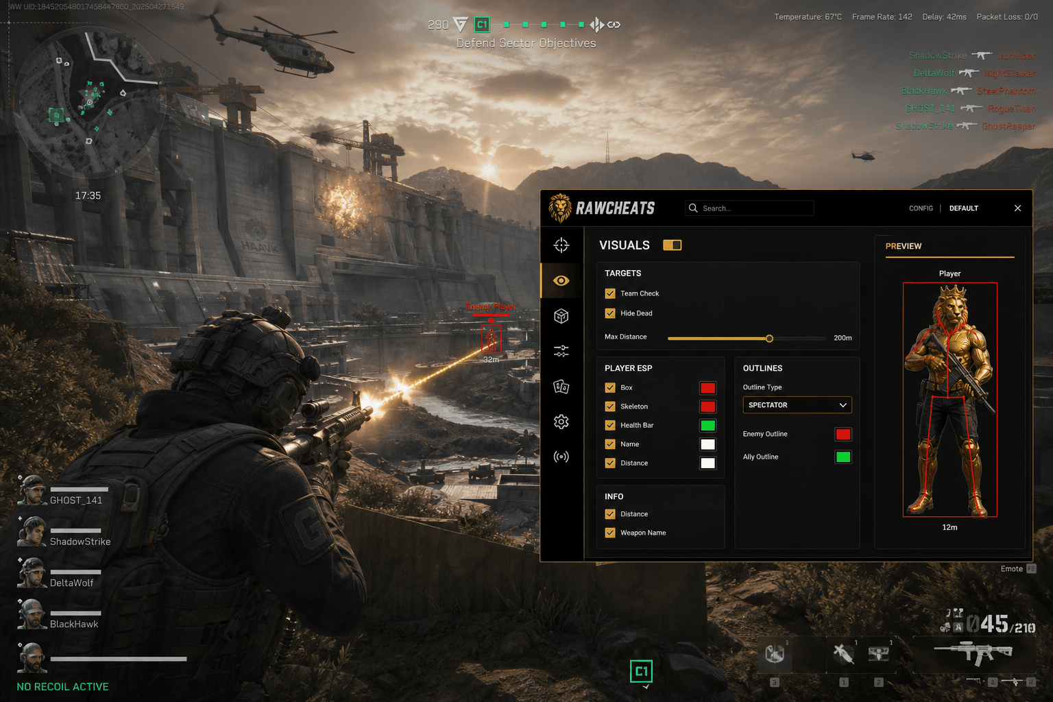 Best Delta Force No Recoil in 2026 — What Actually Works — in-game screenshot showing RawCheats overlay