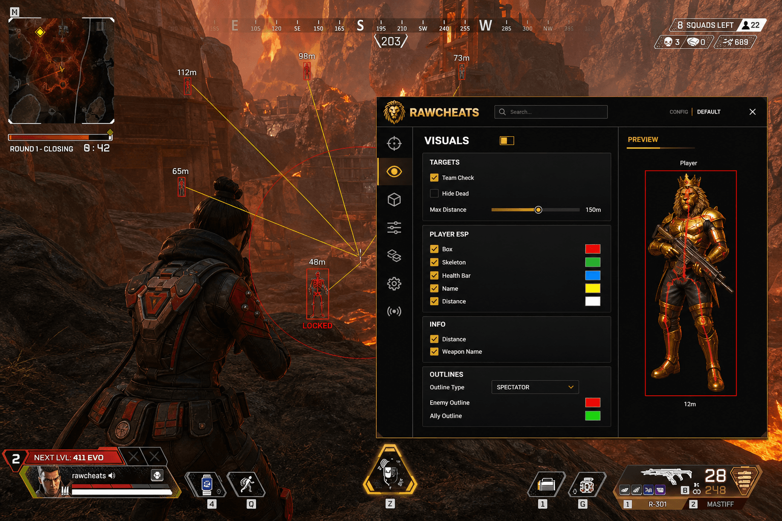 Apex Legends Aimbot — Silent Aim & Humanizer (2026) — in-game screenshot showing RawCheats overlay