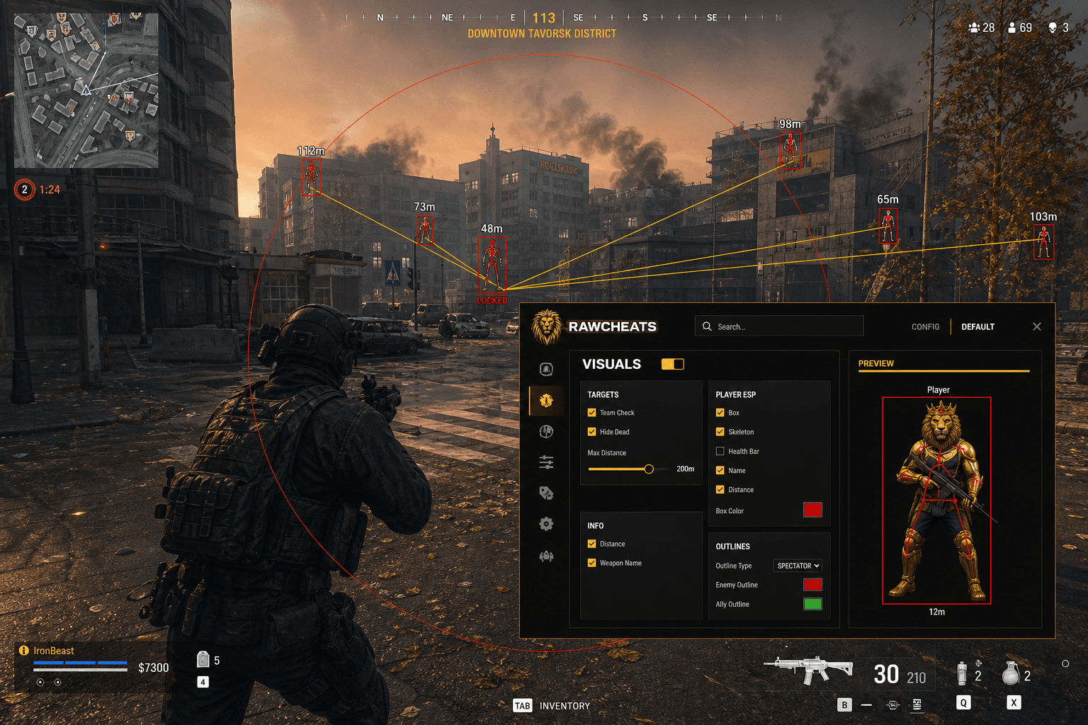 Call of Duty: Warzone Aimbot — Silent Aim & Humanizer (2026) — in-game screenshot showing RawCheats overlay