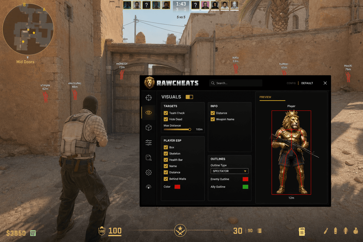 Counter-Strike 2 Wallhack — Through-Wall Vision (2026) — in-game screenshot showing RawCheats overlay