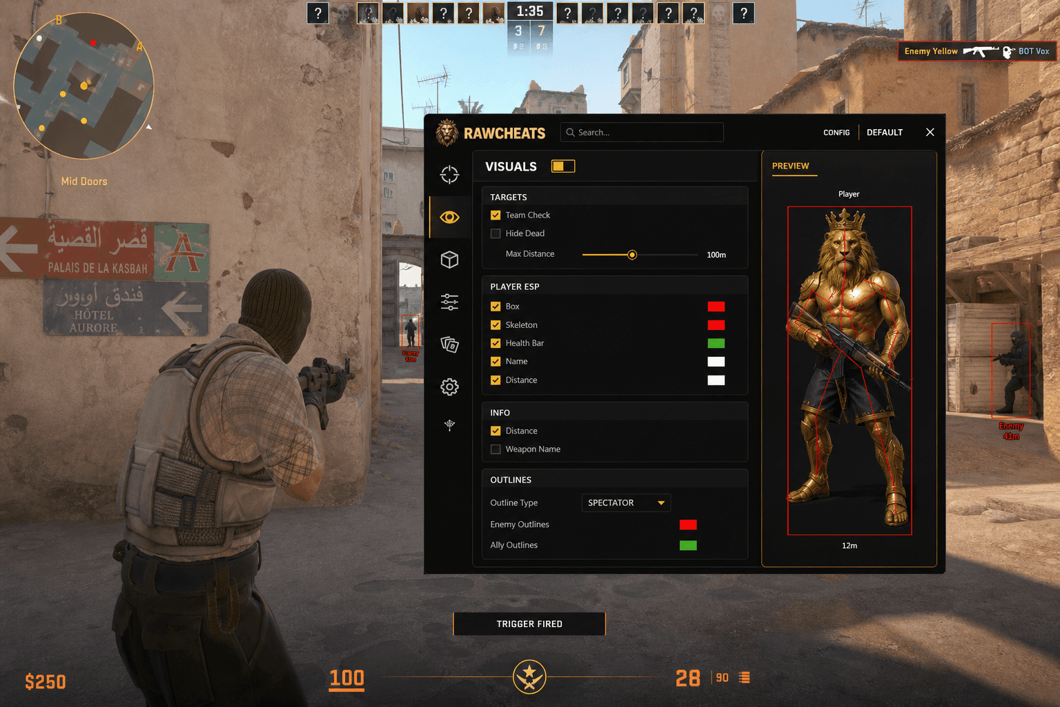 Counter-Strike 2 Triggerbot — Auto-Fire Reaction (2026) — in-game screenshot showing RawCheats overlay