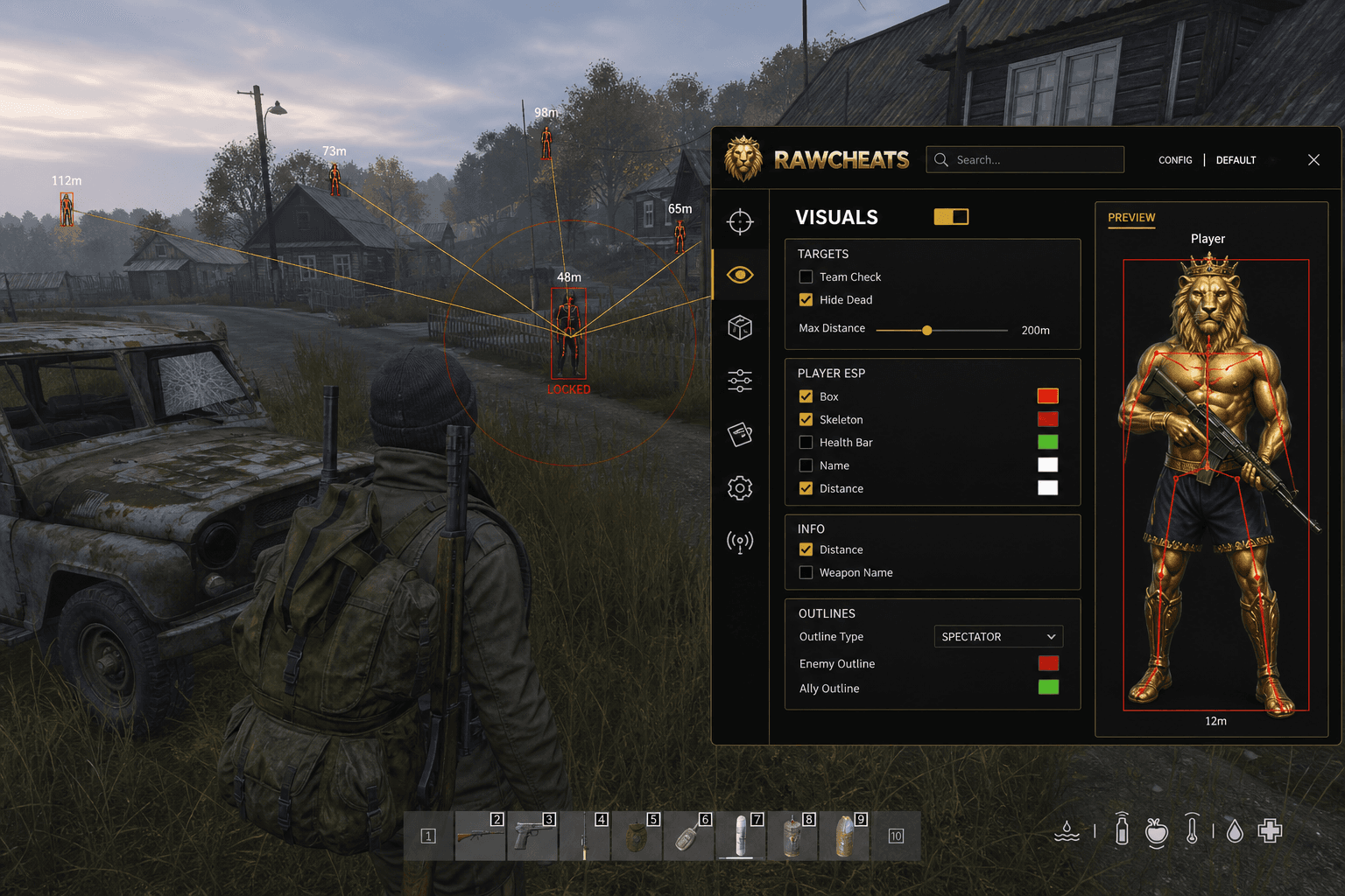 DayZ Aimbot — Silent Aim & Humanizer (2026) — in-game screenshot showing RawCheats overlay