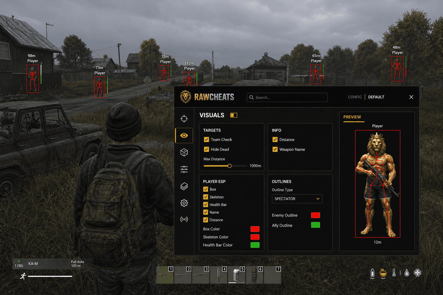 DayZ ESP — Player & World ESP (2026) — in-game screenshot showing RawCheats overlay