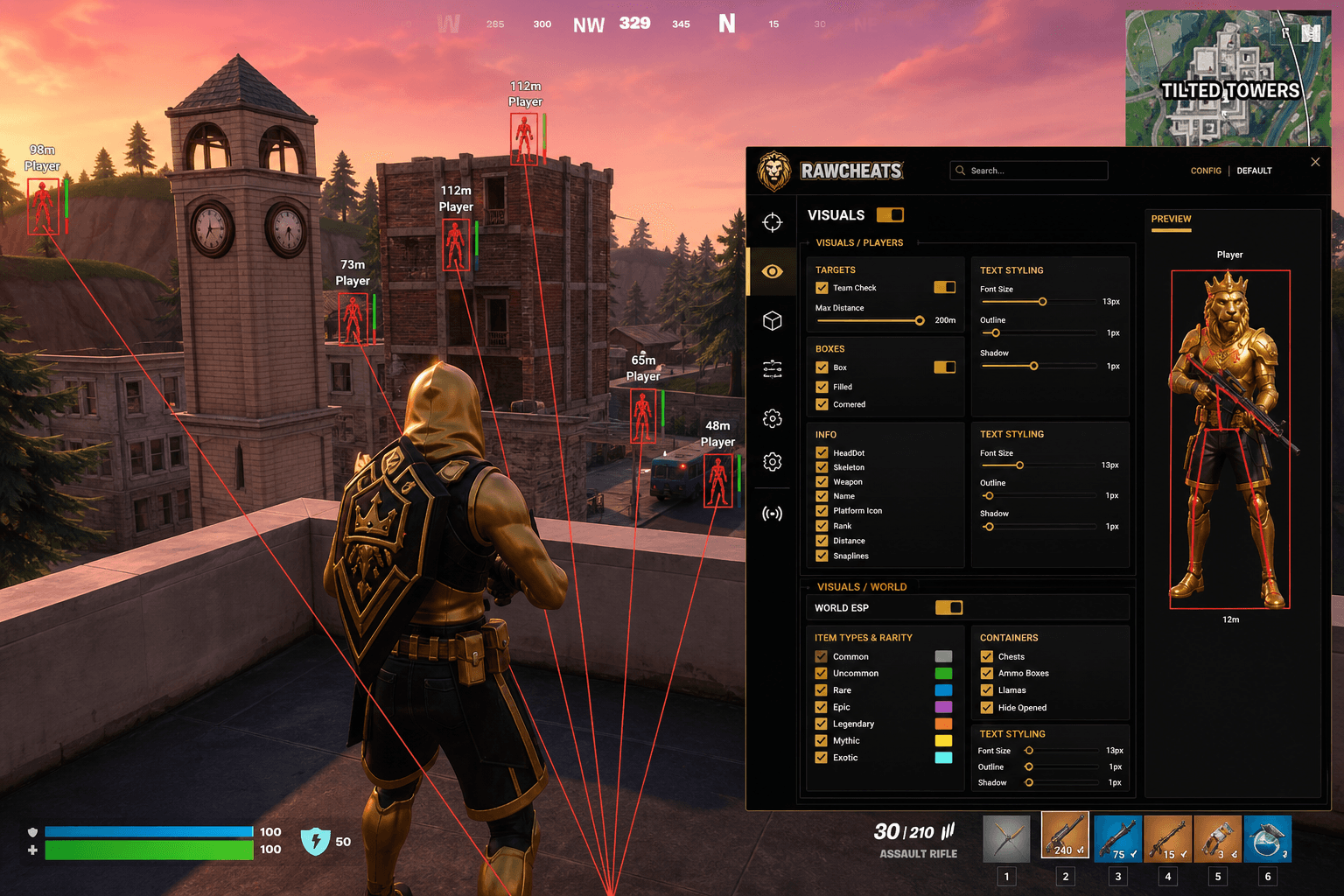 Best Fortnite Cheats (2026) — in-game screenshot showing RawCheats overlay