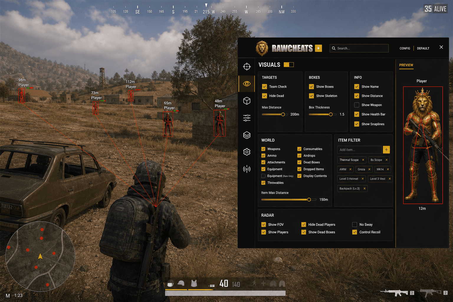 Best PUBG: BATTLEGROUNDS Cheats (2026) — in-game screenshot showing RawCheats overlay