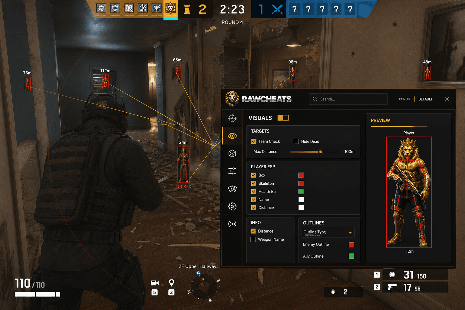 Rainbow Six Siege X Aimbot — Silent Aim & Humanizer (2026) — in-game screenshot showing RawCheats overlay