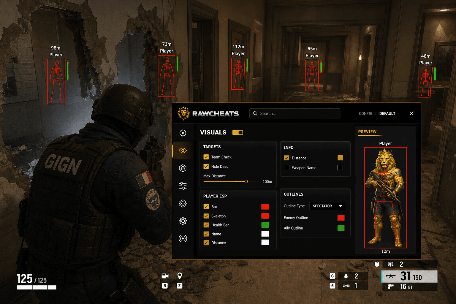 Rainbow Six Siege X ESP — Player & World ESP (2026) — in-game screenshot showing RawCheats overlay