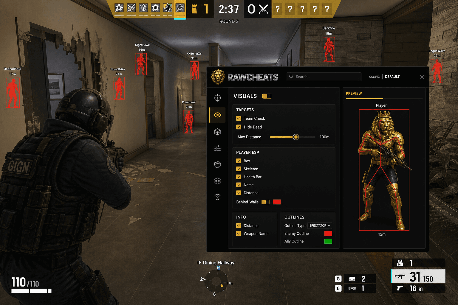 Rainbow Six Siege X Wallhack — Through-Wall Vision (2026) — in-game screenshot showing RawCheats overlay