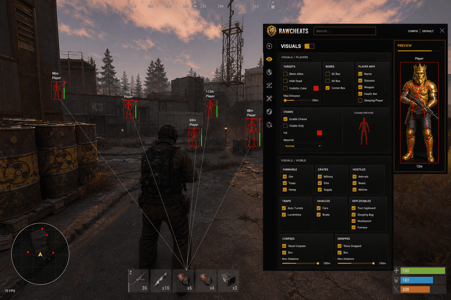 Best Rust Cheats (2026) — in-game screenshot showing RawCheats overlay