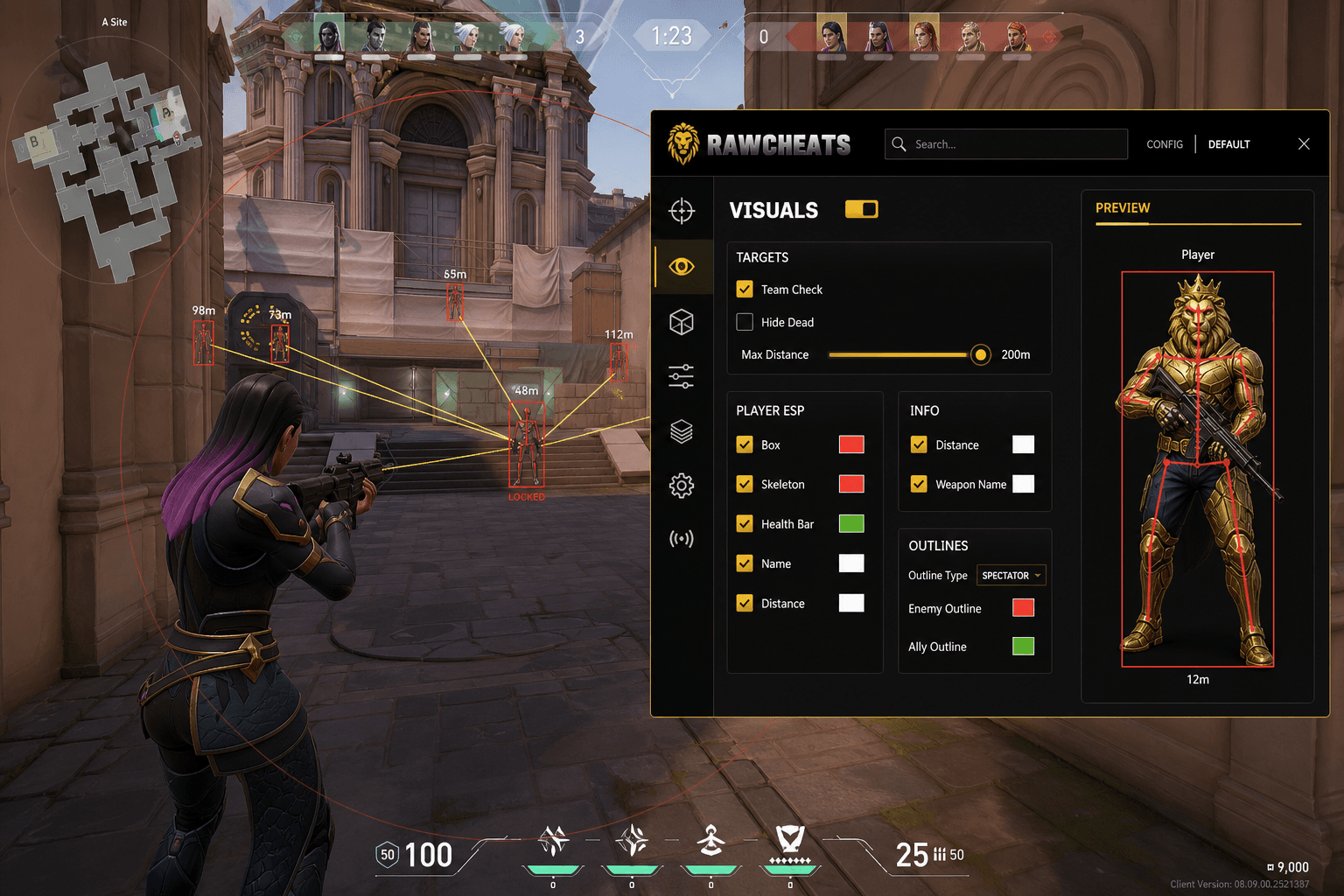Valorant Aimbot — Silent Aim & Humanizer (2026) — in-game screenshot showing RawCheats overlay