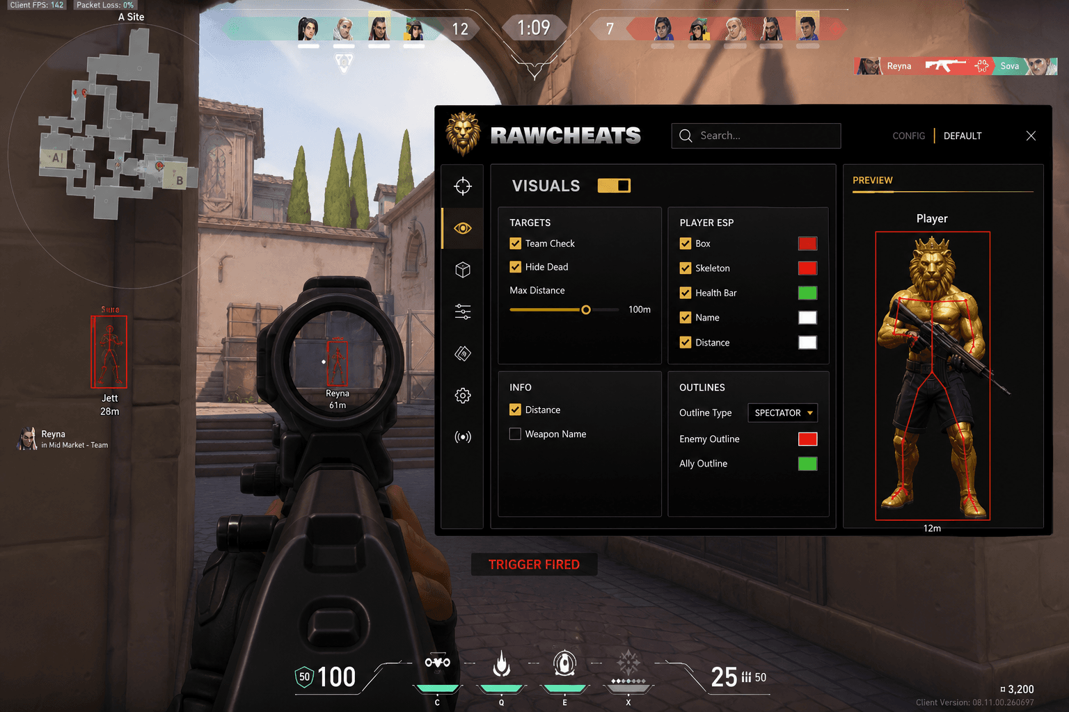 Valorant Triggerbot — Auto-Fire Reaction (2026) — in-game screenshot showing RawCheats overlay