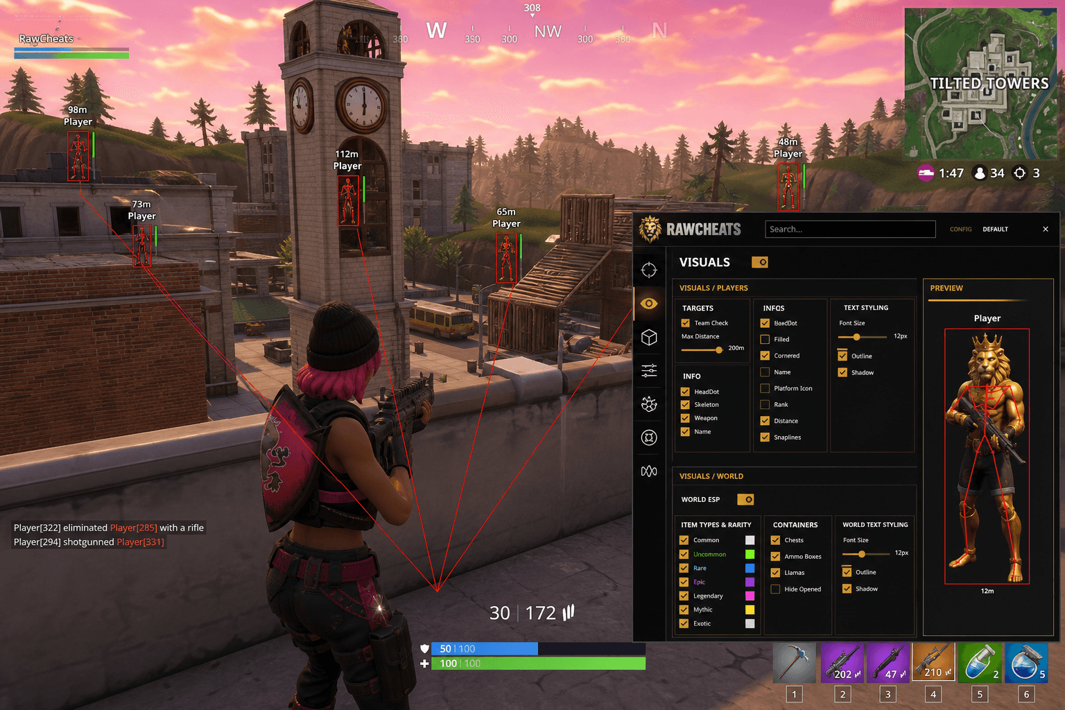 Undetected Fortnite Cheats (2026) — in-game screenshot showing RawCheats overlay