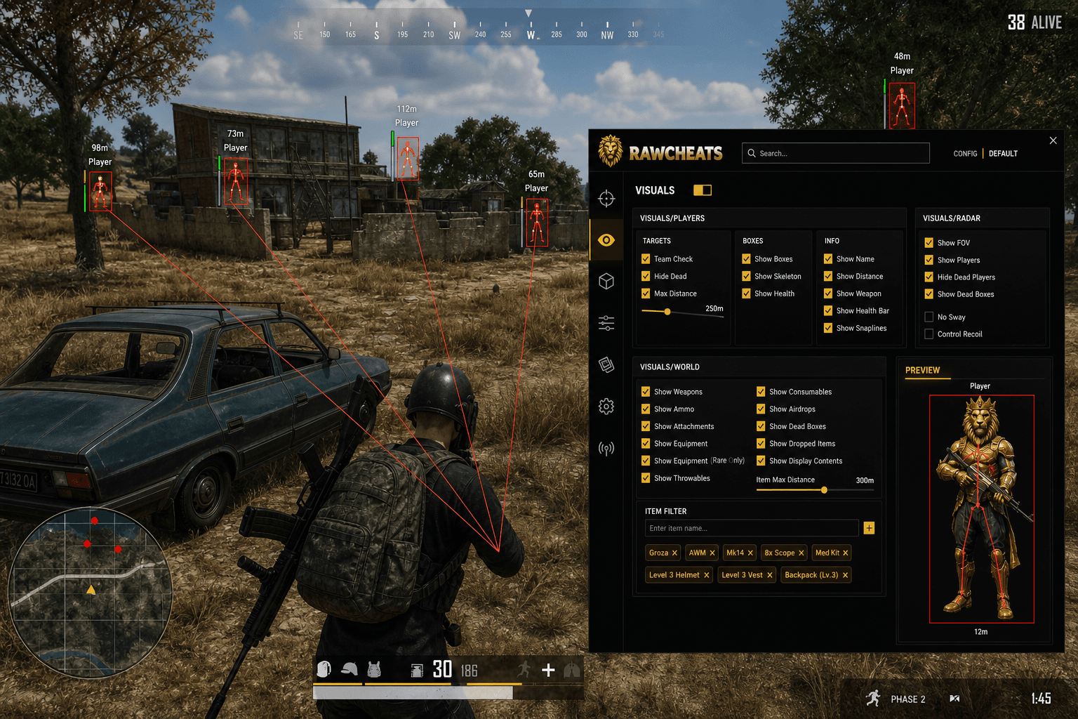 Undetected PUBG: BATTLEGROUNDS Cheats (2026) — in-game screenshot showing RawCheats overlay