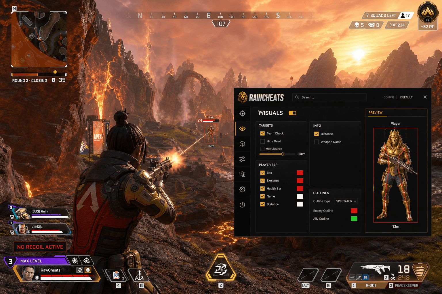 Apex Legends No Recoil — Recoil Control System (2026) — in-game screenshot showing RawCheats overlay