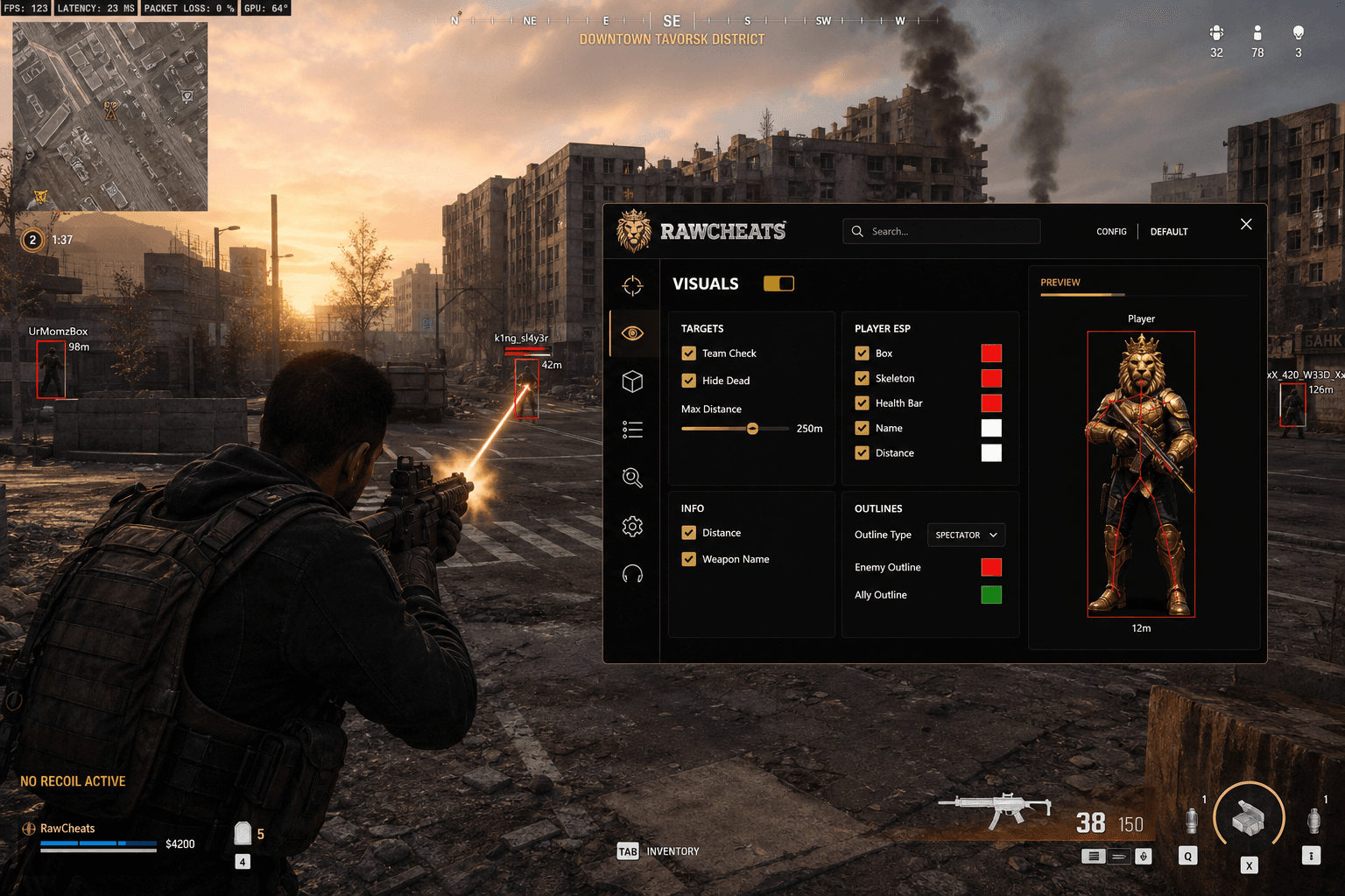 Call of Duty: Warzone No Recoil — Recoil Control System (2026) — in-game screenshot showing RawCheats overlay