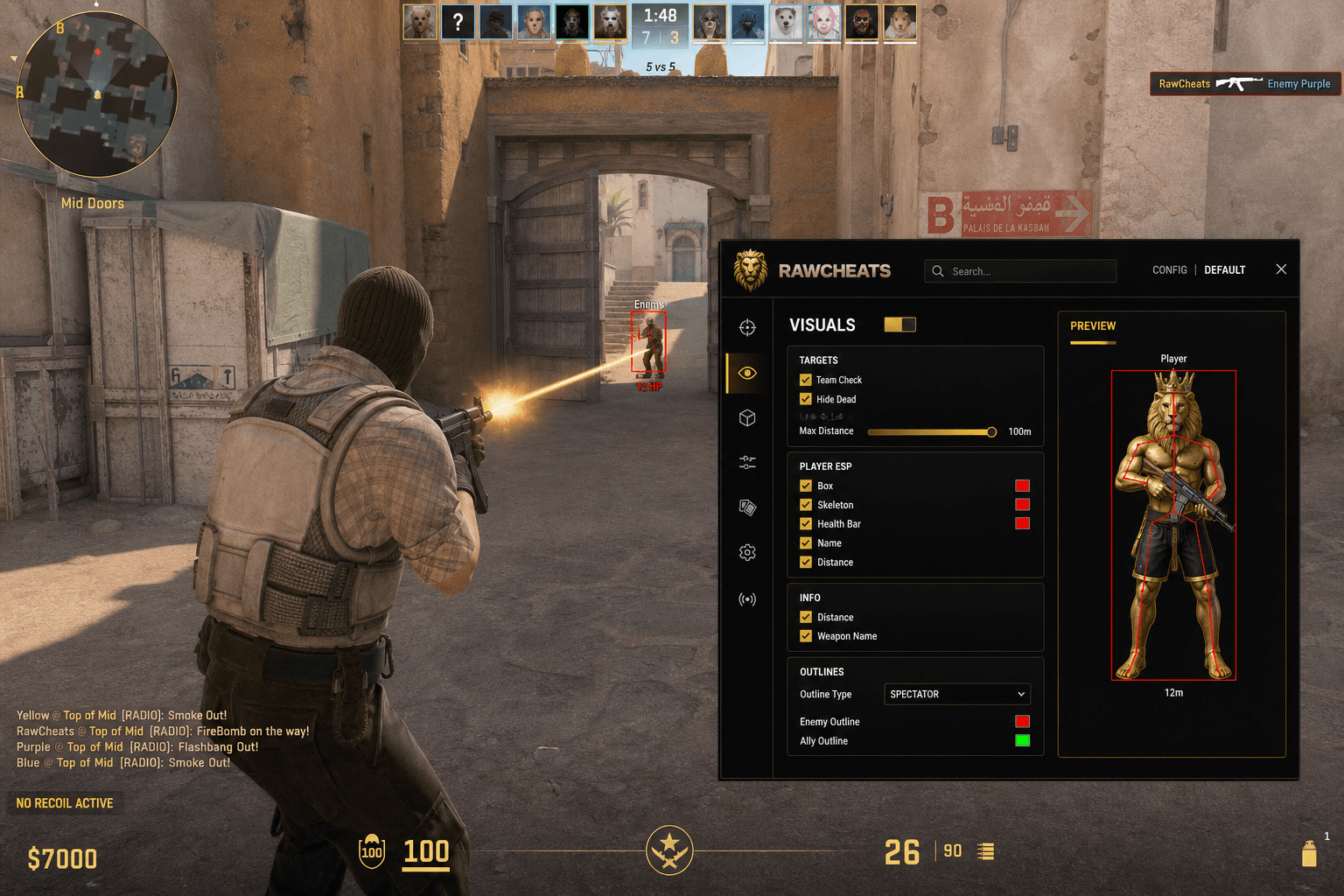 Counter-Strike 2 No Recoil — Recoil Control System (2026) — in-game screenshot showing RawCheats overlay