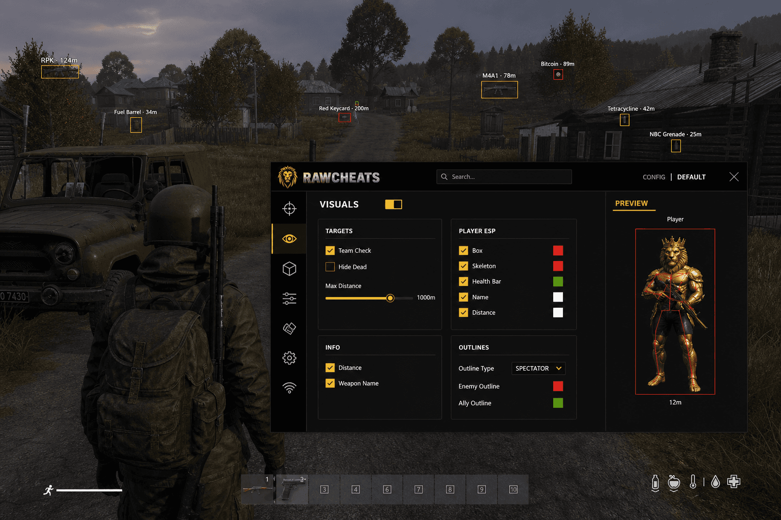 DayZ Loot ESP — Stash & Loot Tracker (2026) — in-game screenshot showing RawCheats overlay