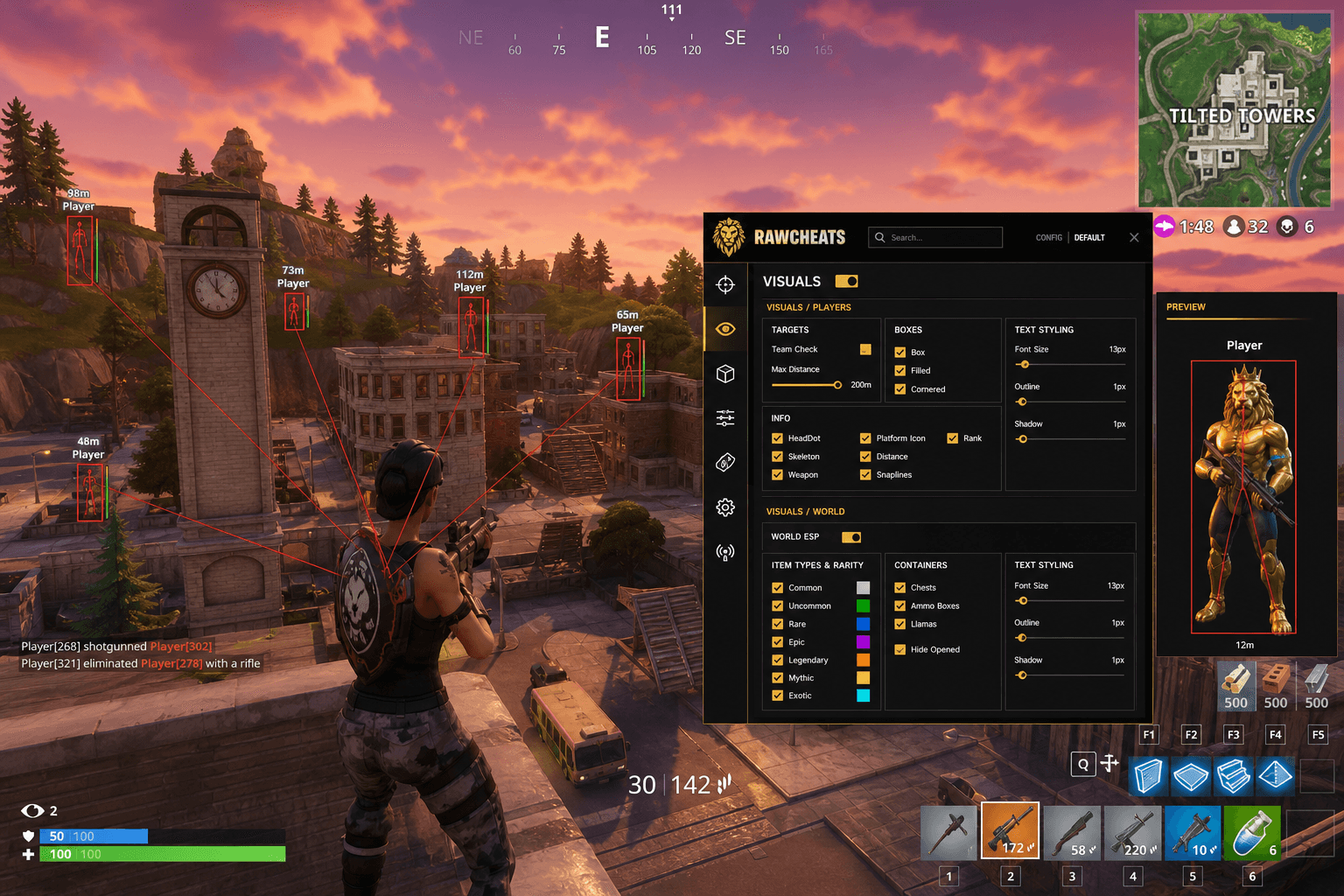 Cheap Fortnite Cheats (2026) — in-game screenshot showing RawCheats overlay