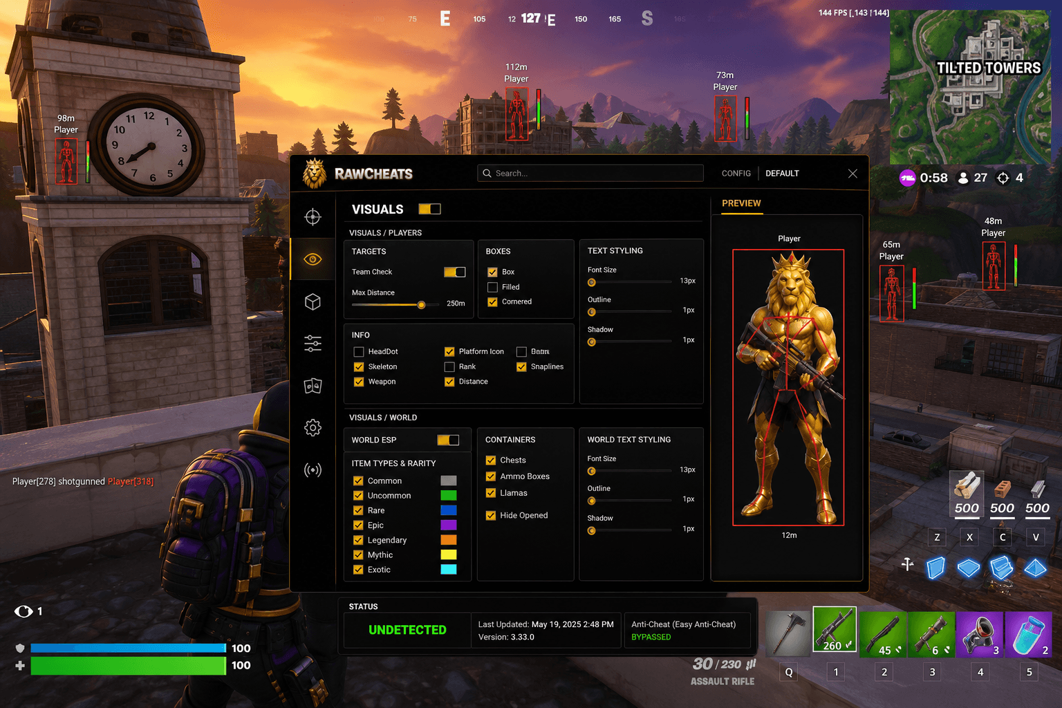 Fortnite Cheat Status — May 2026 — in-game screenshot showing RawCheats overlay