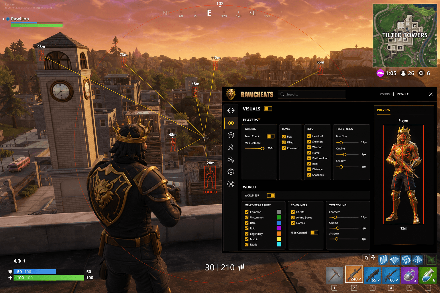 Fortnite gameplay with the RawCheats menu open showing aimbot and ESP configuration