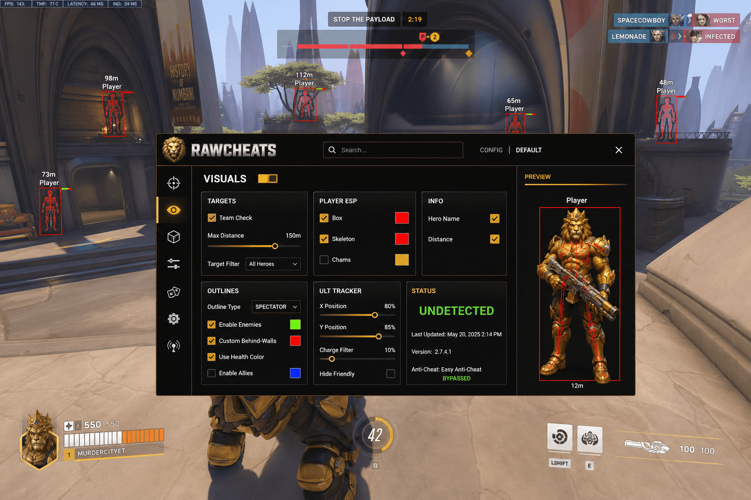 Overwatch 2 Cheat Status — May 2026 — in-game screenshot showing RawCheats overlay