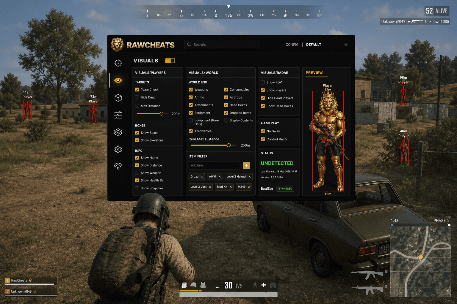 PUBG: BATTLEGROUNDS Cheat Status — May 2026 — in-game screenshot showing RawCheats overlay