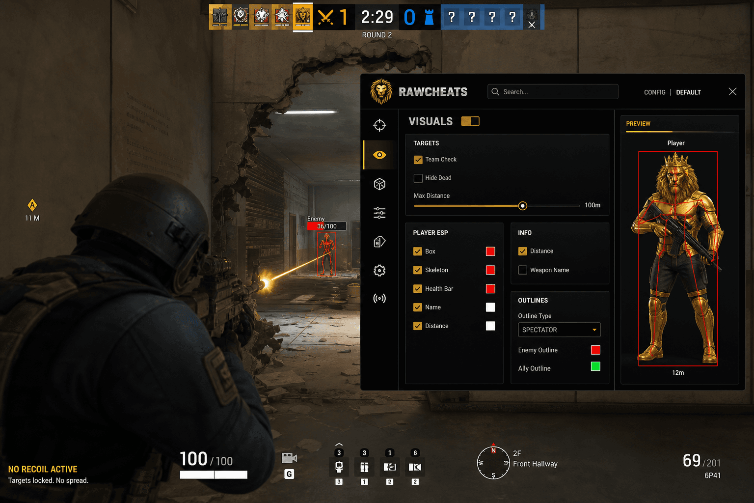 Rainbow Six Siege X No Recoil — Recoil Control System (2026) — in-game screenshot showing RawCheats overlay