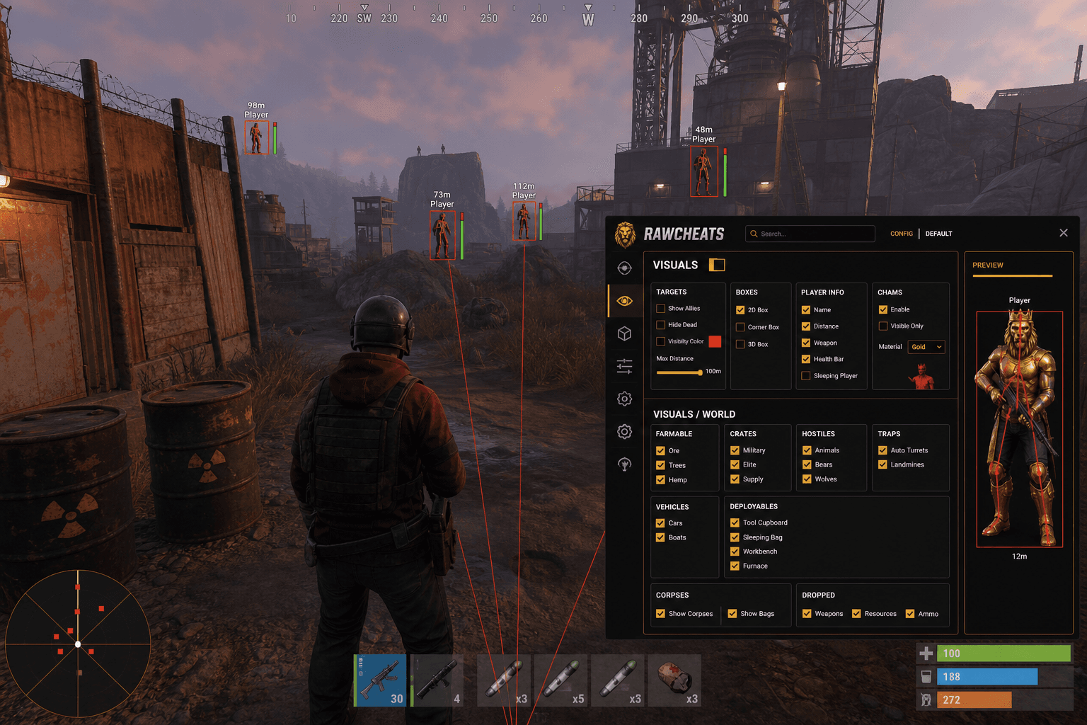 Cheap Rust Cheats (2026) — in-game screenshot showing RawCheats overlay