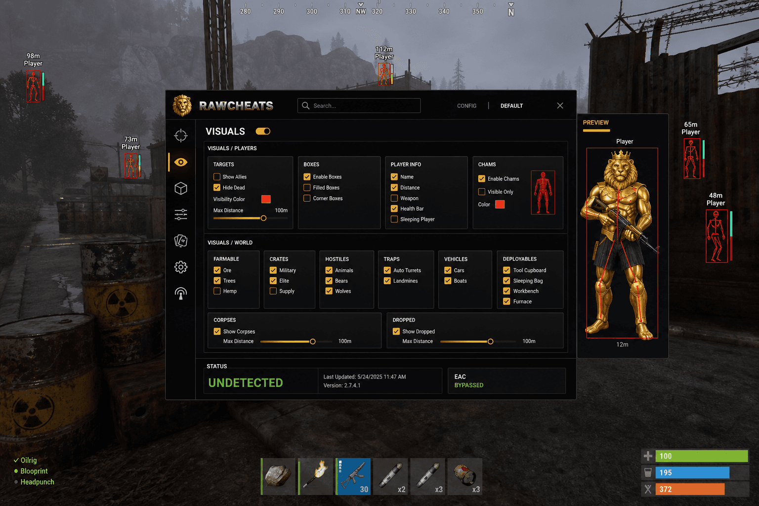 Rust Cheat Status — May 2026 — in-game screenshot showing RawCheats overlay