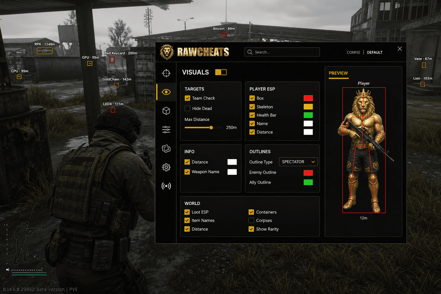 Escape from Tarkov Loot ESP — Stash & Loot Tracker (2026) — in-game screenshot showing RawCheats overlay