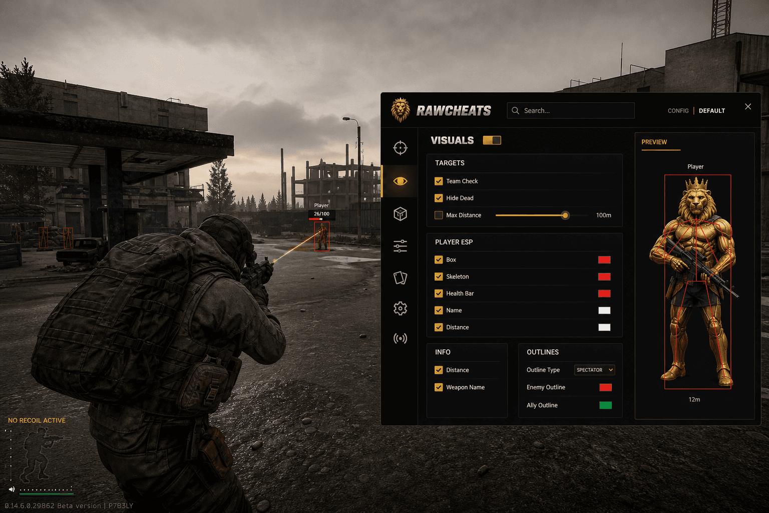 Escape from Tarkov No Recoil — Recoil Control System (2026) — in-game screenshot showing RawCheats overlay