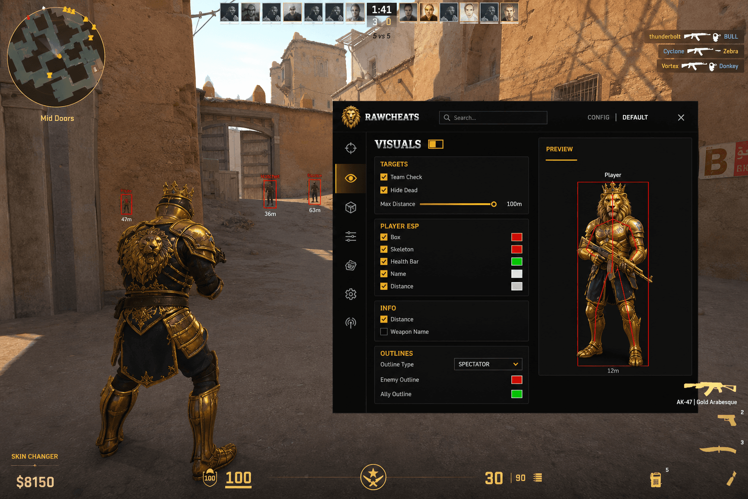 Counter-Strike 2 Skin Changer — Skin Changer (2026) — in-game screenshot showing RawCheats overlay