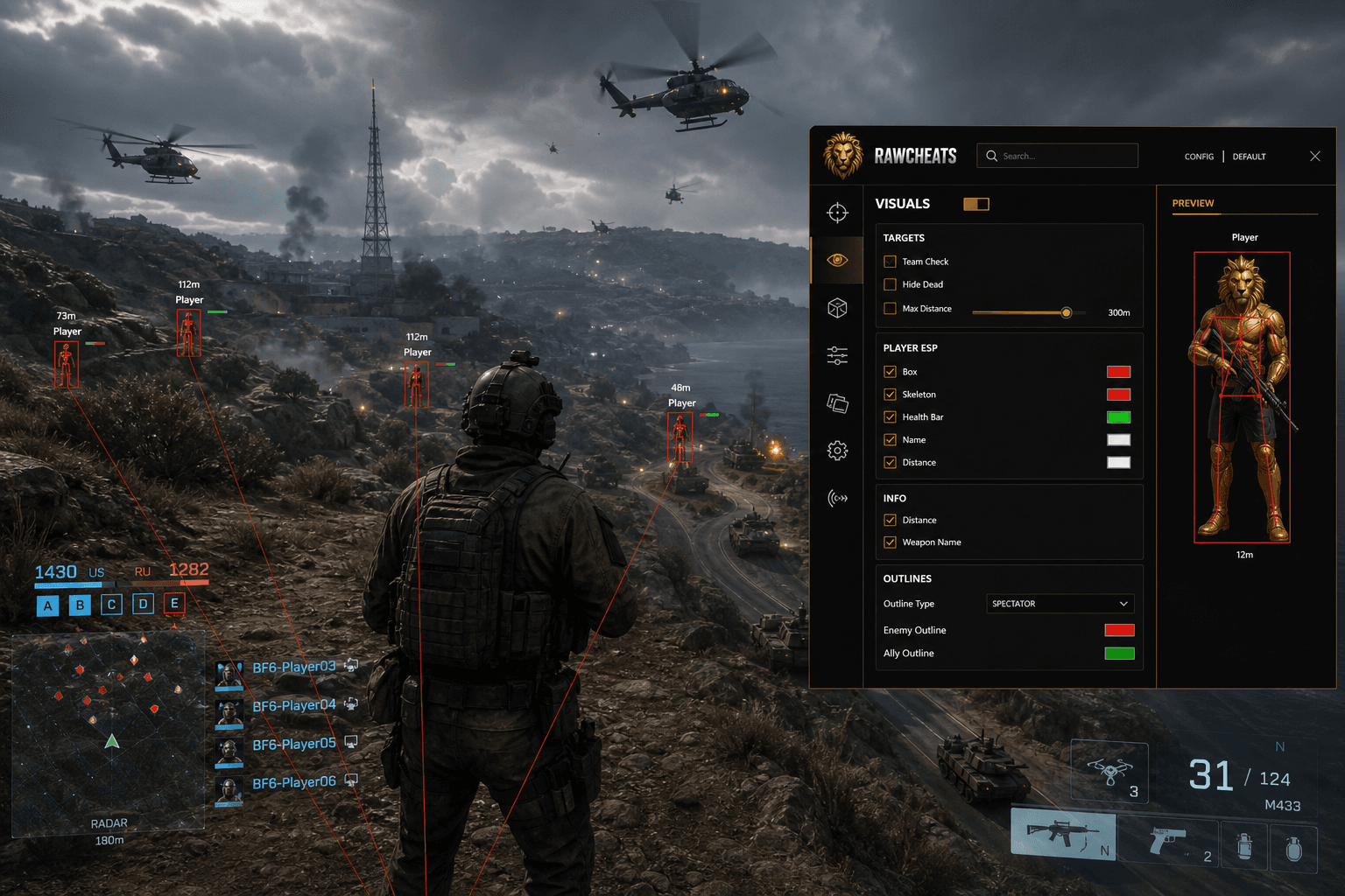 Cheap Battlefield 6 Cheats (2026) — in-game screenshot showing RawCheats overlay