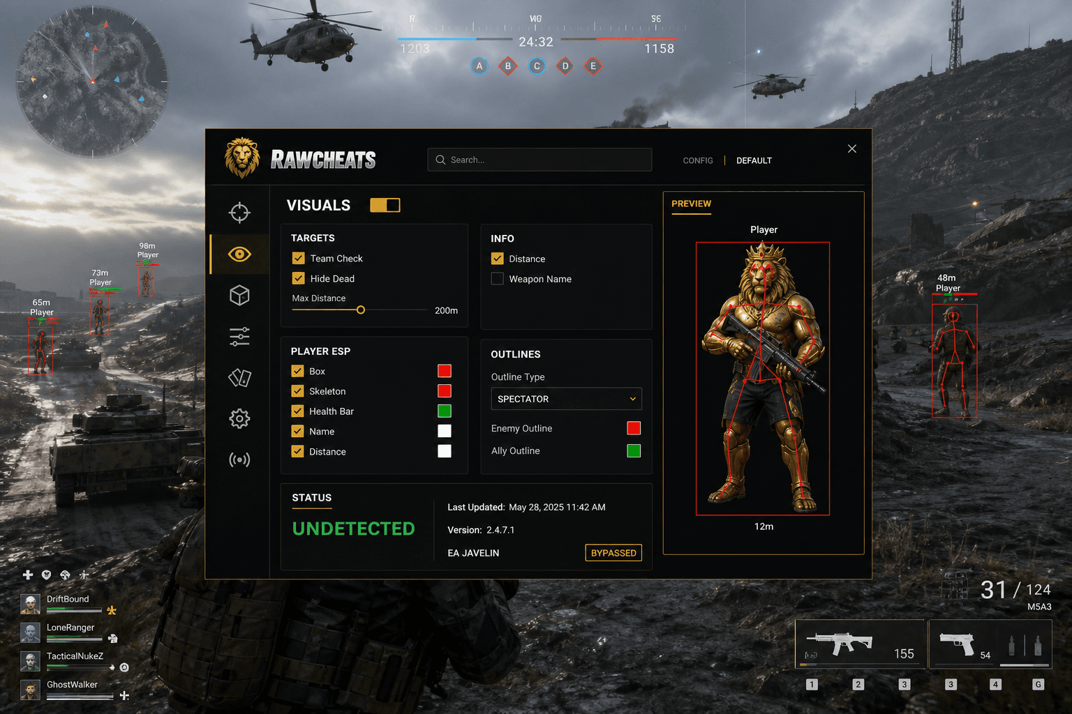 Battlefield 6 Cheat Status — May 2026 — in-game screenshot showing RawCheats overlay