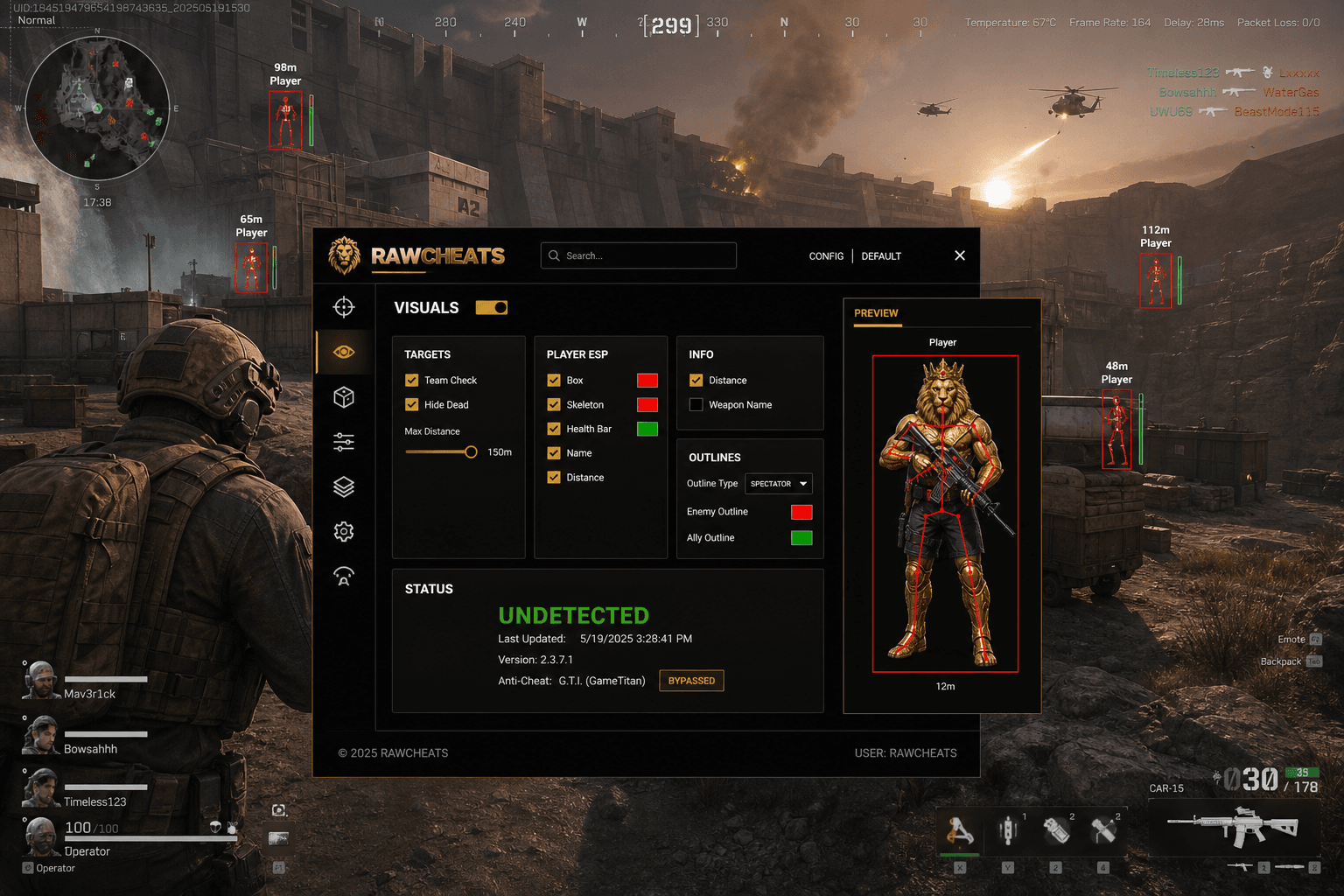 Delta Force Cheat Status — May 2026 — in-game screenshot showing RawCheats overlay