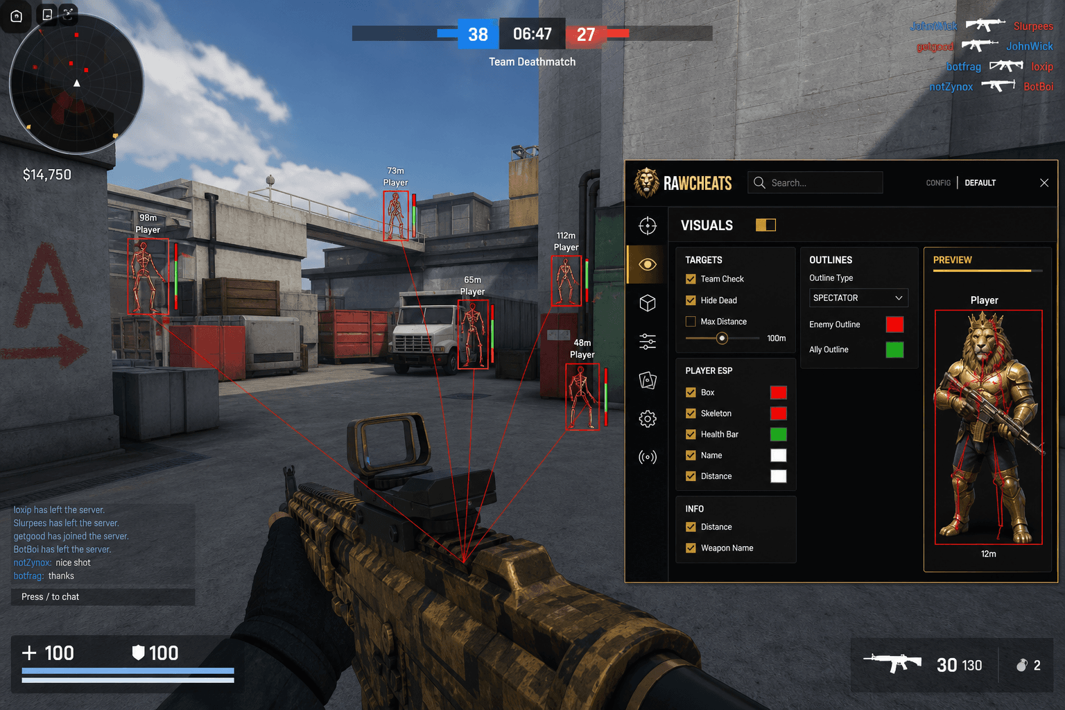 Cheap Roblox Cheats (2026) — in-game screenshot showing RawCheats overlay