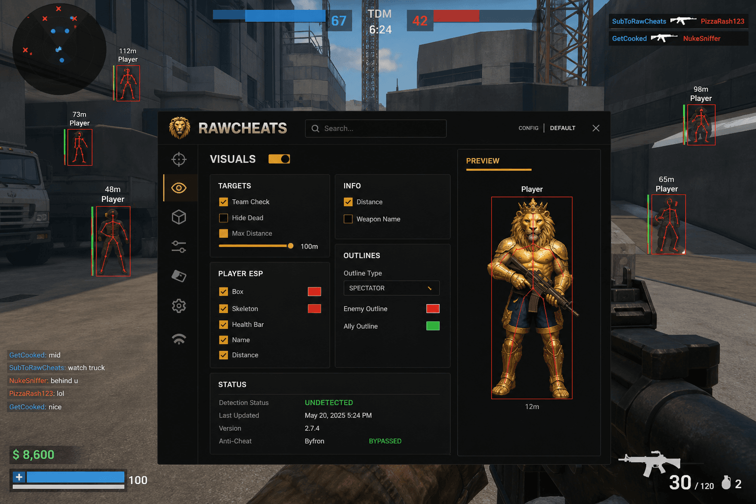 Roblox Cheat Status — May 2026 — in-game screenshot showing RawCheats overlay