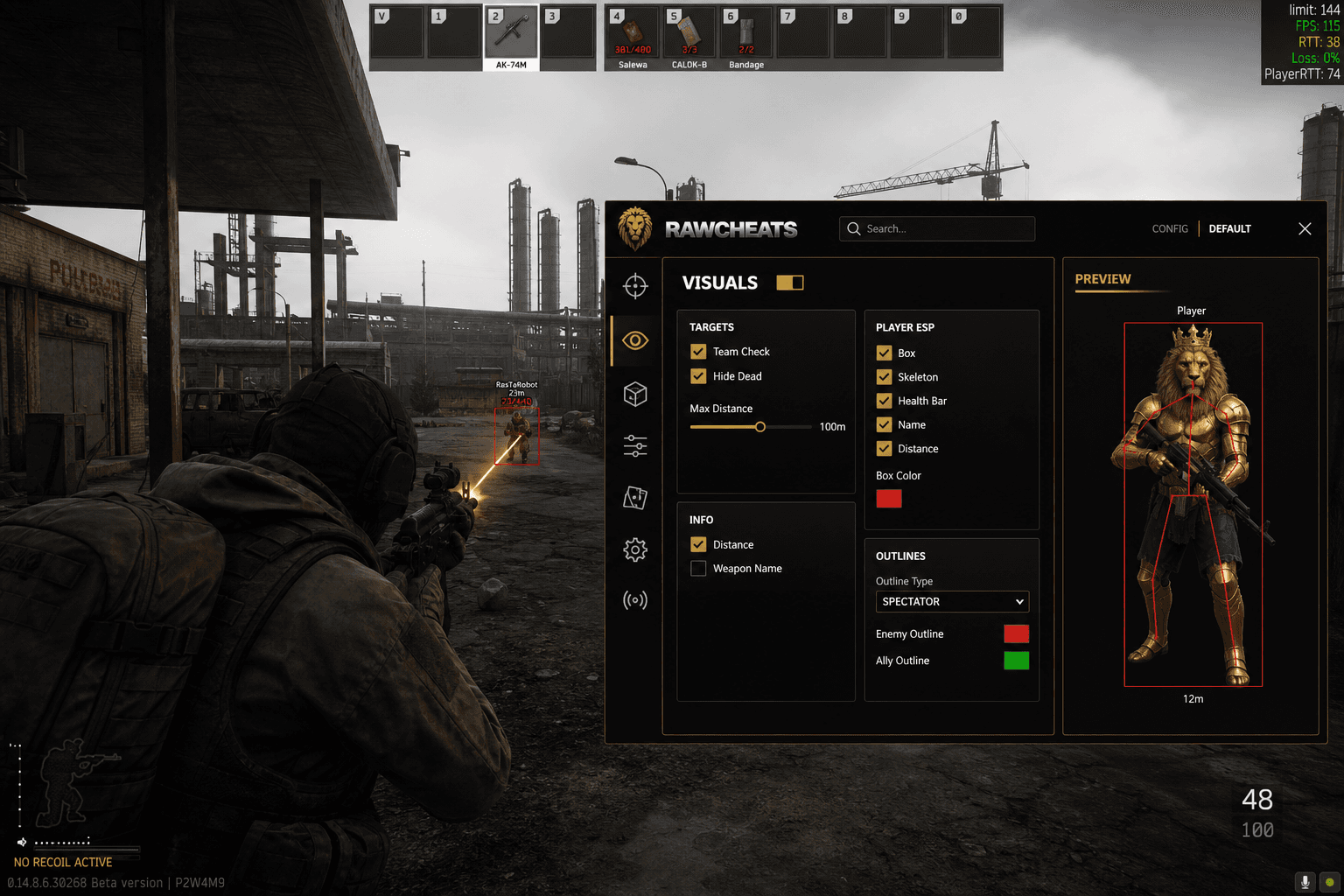 Best Escape from Tarkov No Recoil in 2026 — What Actually Works — in-game screenshot showing RawCheats overlay