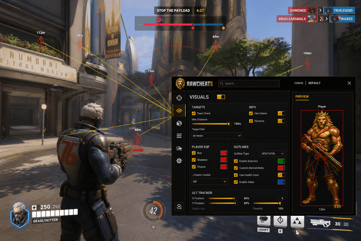 Overwatch gameplay with the RawCheats menu open showing player ESP and ultimate tracker