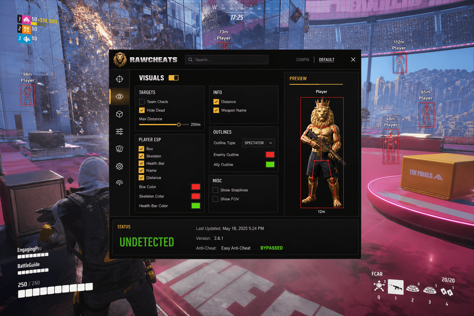 The Finals Cheat Status — May 2026 — in-game screenshot showing RawCheats overlay