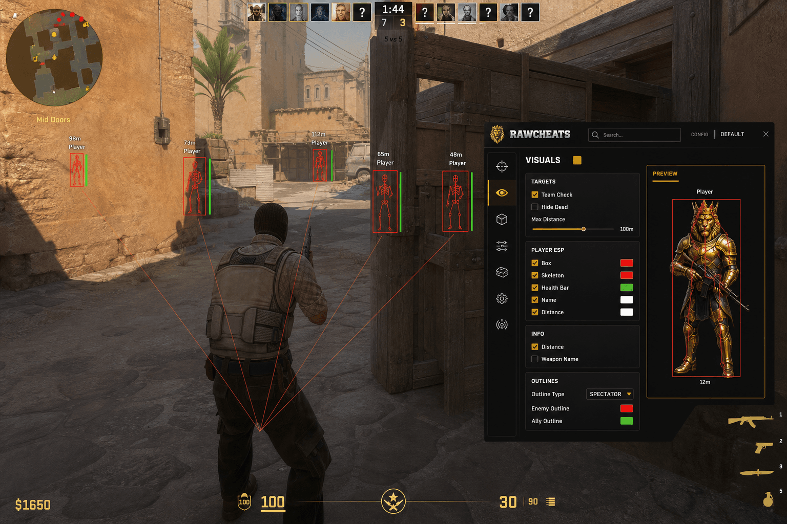 Best Counter-Strike 2 Cheats (2026) — in-game screenshot showing RawCheats overlay