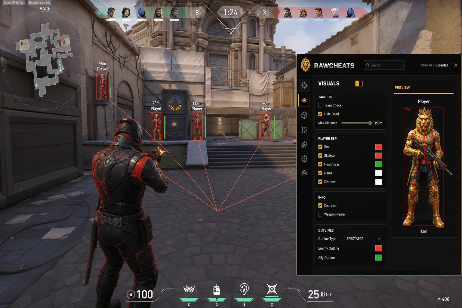 Best Valorant Cheats (2026) — in-game screenshot showing RawCheats overlay