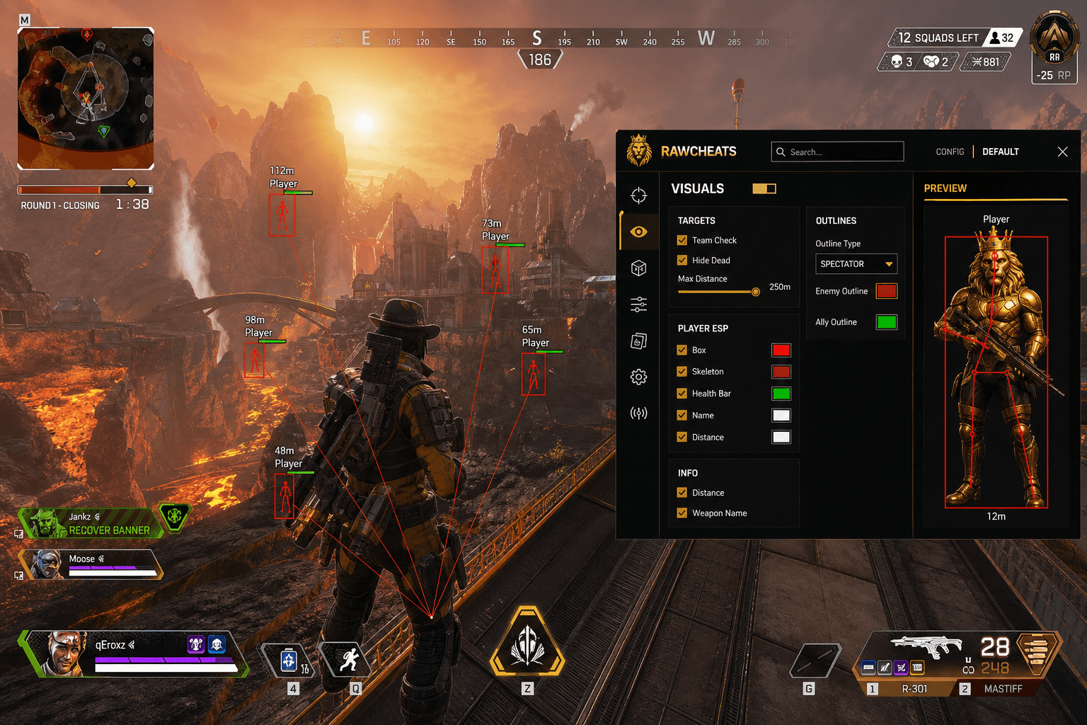 Undetected Apex Legends Cheats (2026) — in-game screenshot showing RawCheats overlay