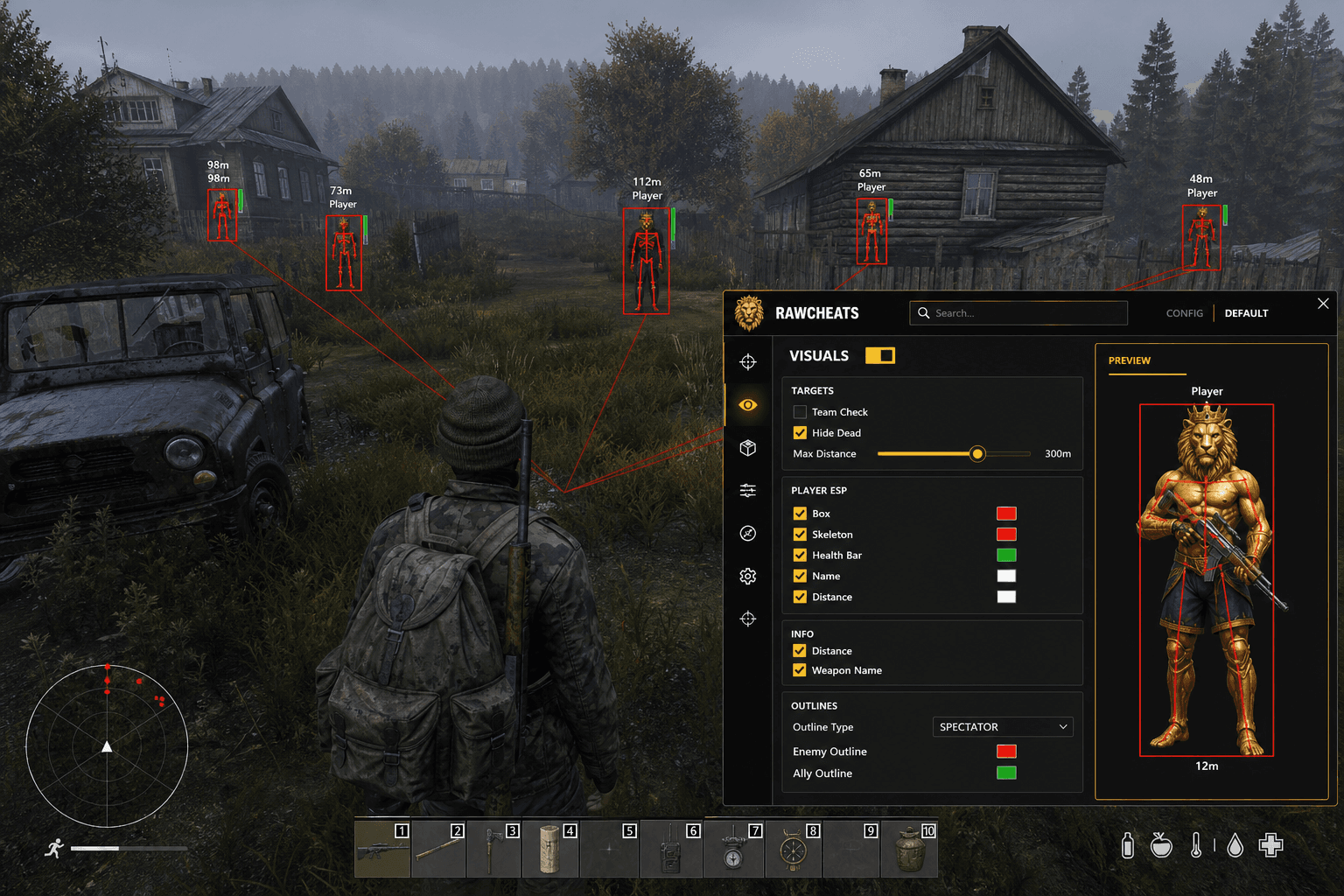 Undetected DayZ Cheats (2026) — in-game screenshot showing RawCheats overlay