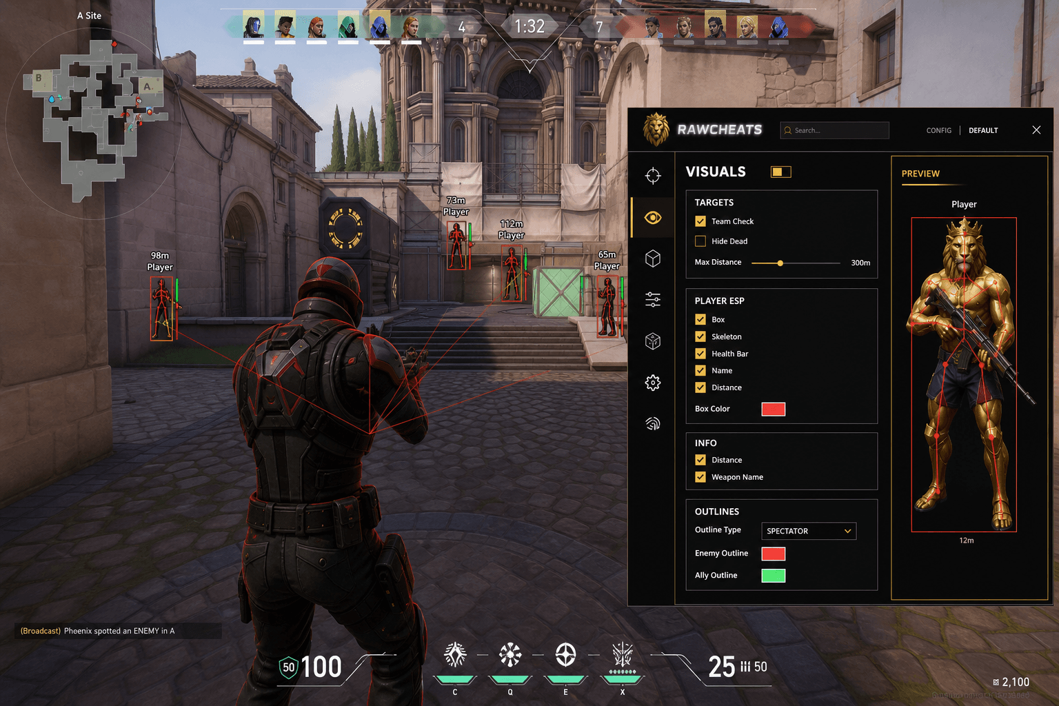 Undetected Valorant Cheats (2026) — in-game screenshot showing RawCheats overlay